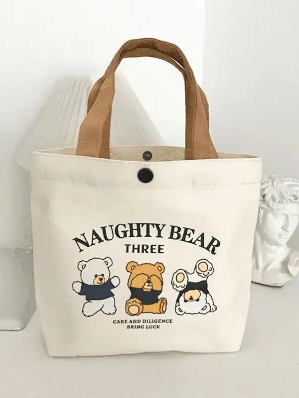 Teddy Bear Canvas Bag, Student Handbag, Gift Tote Bag, Eco-Friendly Bag for Women