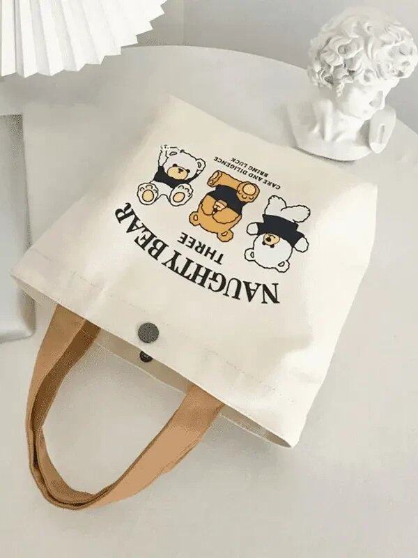 Teddy Bear Canvas Bag, Student Handbag, Gift Tote Bag, Eco-Friendly Bag for Women