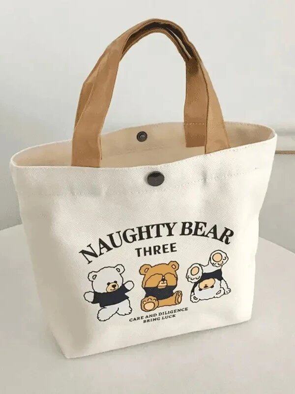 Teddy Bear Canvas Bag, Student Handbag, Gift Tote Bag, Eco-Friendly Bag for Women