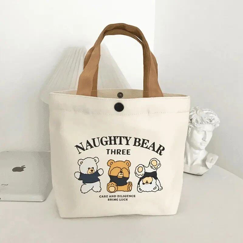 Teddy Bear Canvas Bag, Student Handbag, Gift Tote Bag, Eco-Friendly Bag for Women