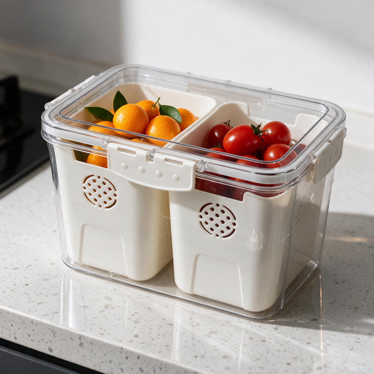 Plastic Food Storage Container with 2 Compartments – Airtight Refrigerator Organizer for Fruits, Vegetables & Snacks