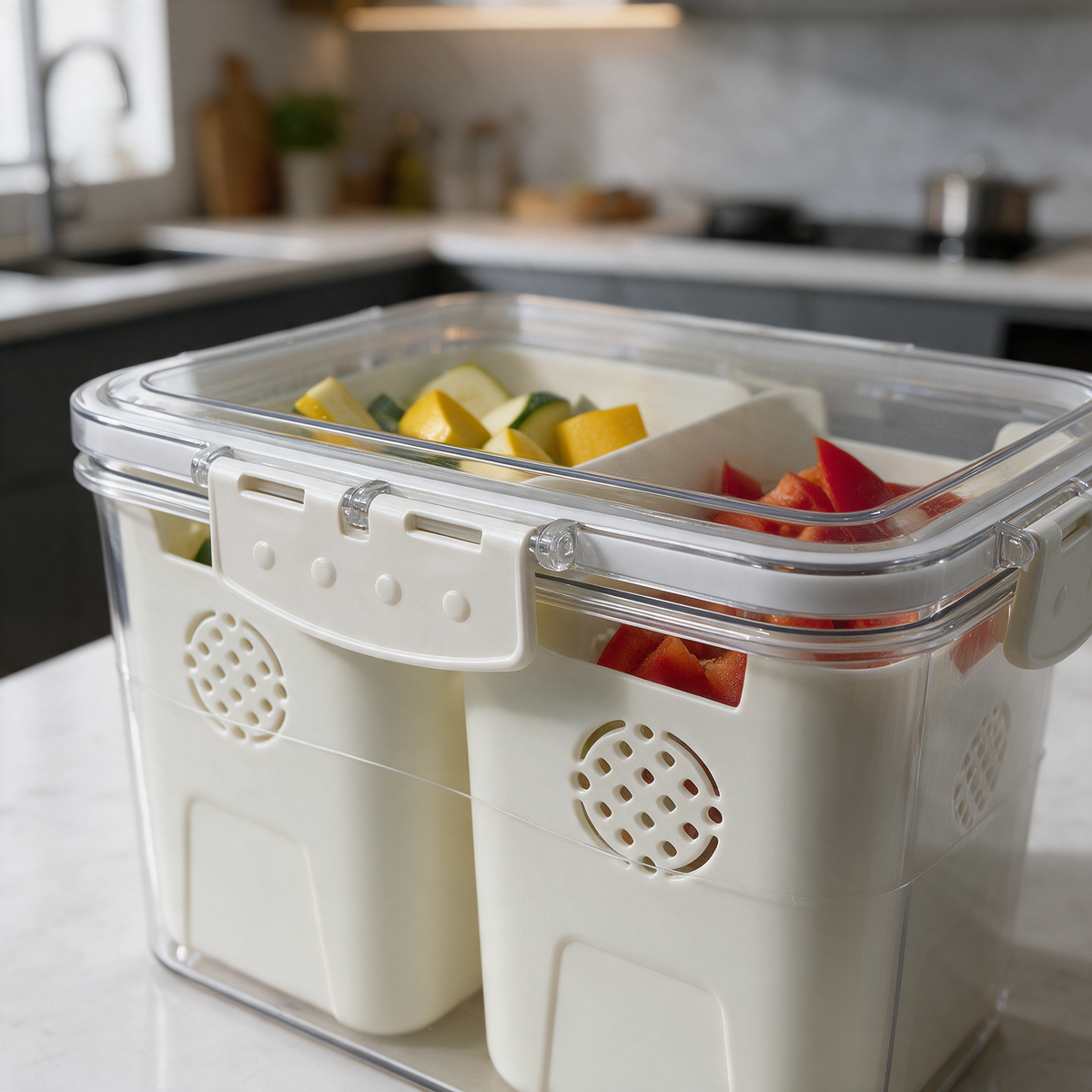 Plastic Food Storage Container with 2 Compartments – Airtight Refrigerator Organizer for Fruits, Vegetables & Snacks