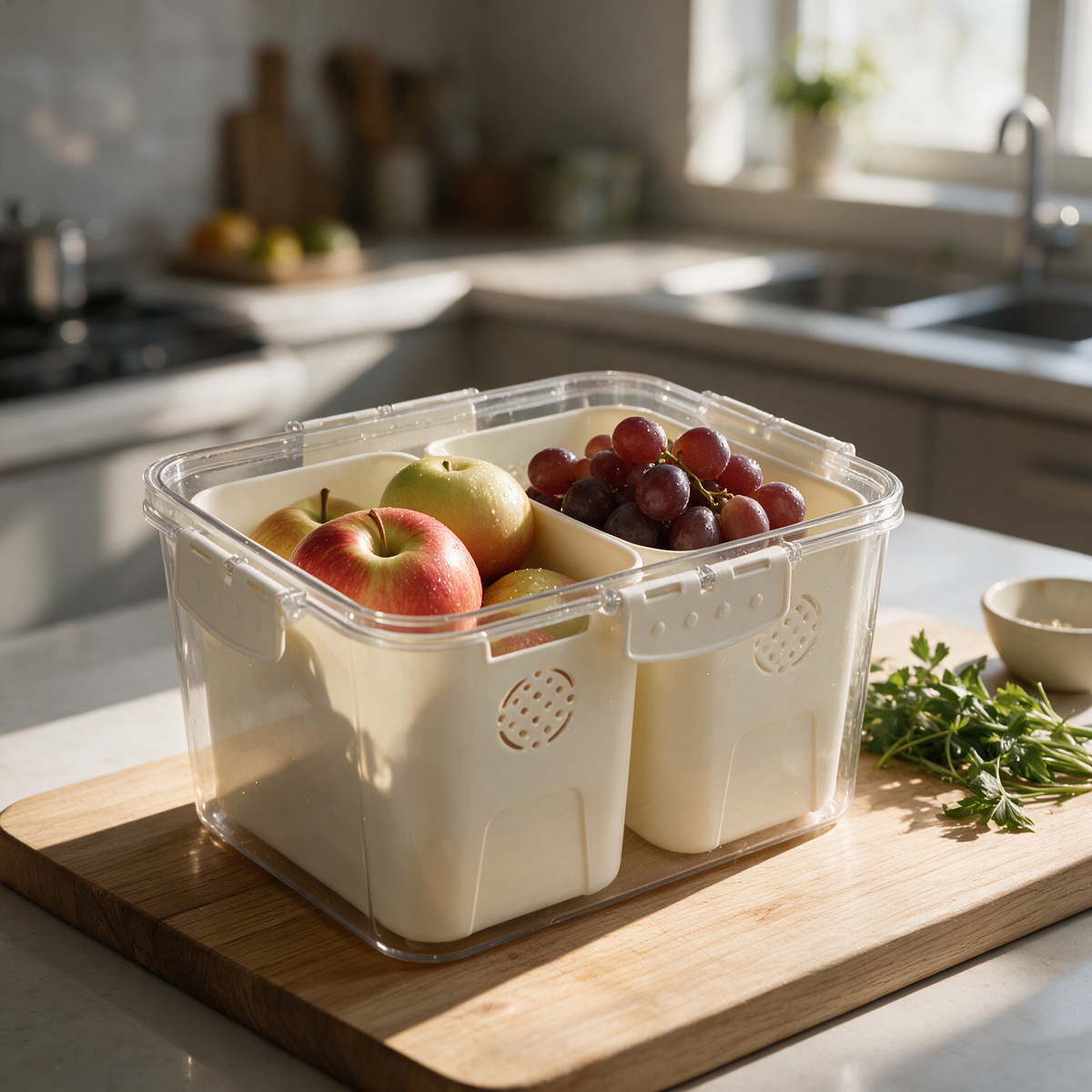 Plastic Food Storage Container with 2 Compartments – Airtight Refrigerator Organizer for Fruits, Vegetables & Snacks