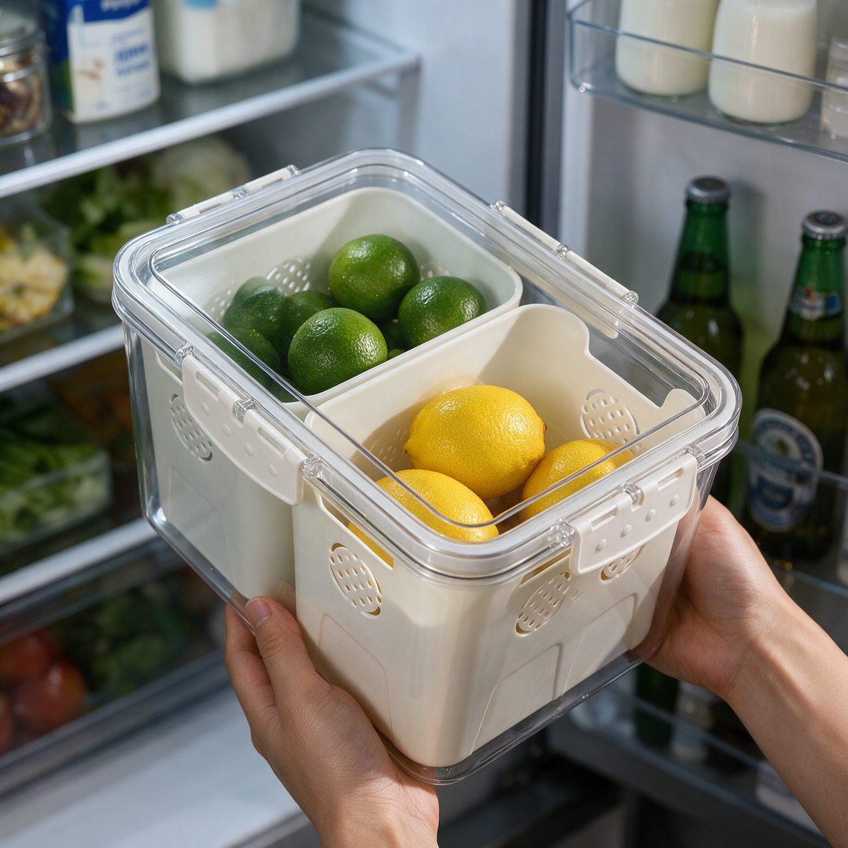 Plastic Food Storage Container with 2 Compartments – Airtight Refrigerator Organizer for Fruits, Vegetables & Snacks